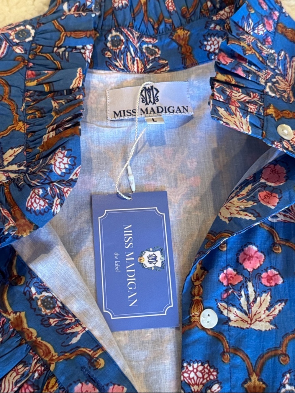 Miss Madigan Blue Floral Button-Up dress, women size large - Picture 2 of 14